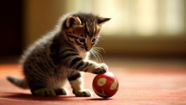 cat plays with a toy
