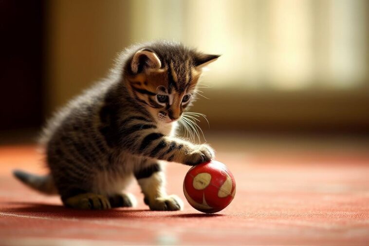 cat plays with a toy